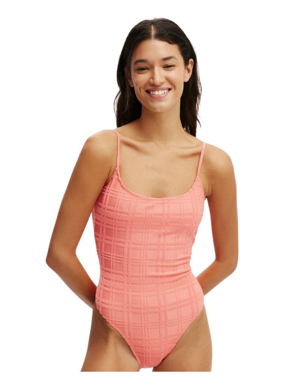 NWT Cotton On Thin-Strap Low-Scoop One Piece Swimsuit Pink Terry Jacquard M